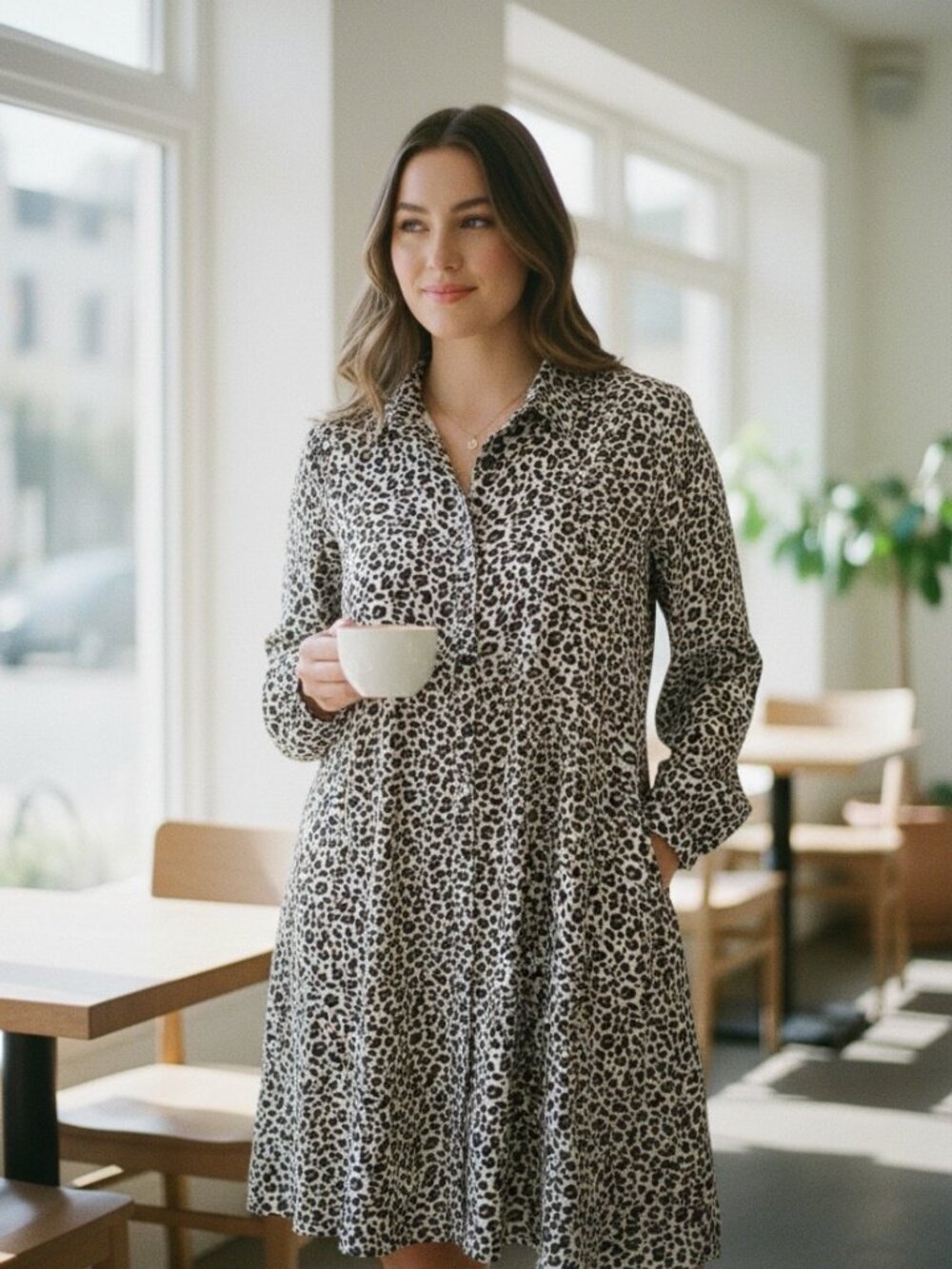 LOFT Plus Leopard Print Shirt Dress Women's 22 NWT Long Sleeve Lined Swing Midi